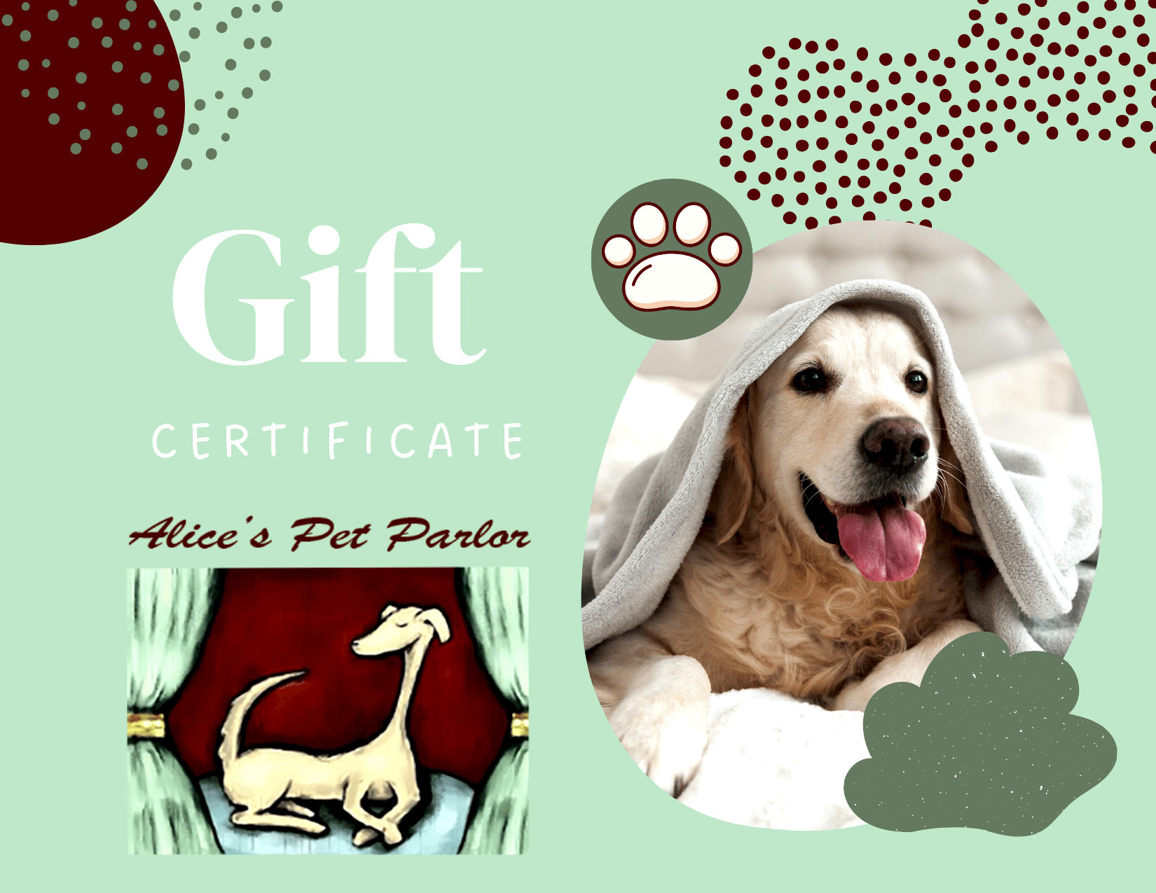 gift certificate for dog grooming dog under a towel